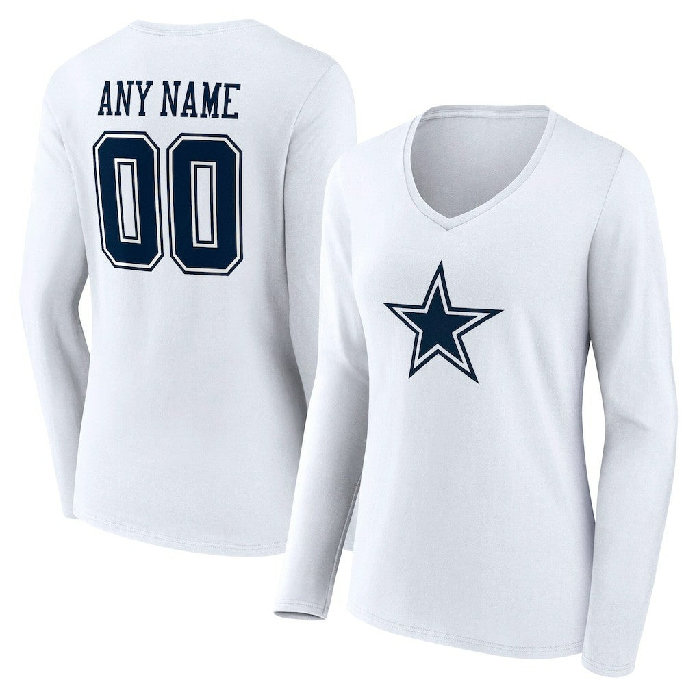 Dallas Cowboys Women's Team Authentic Personalized Name & Number Long Sleeve V-Neck T-Shirt White | NFL