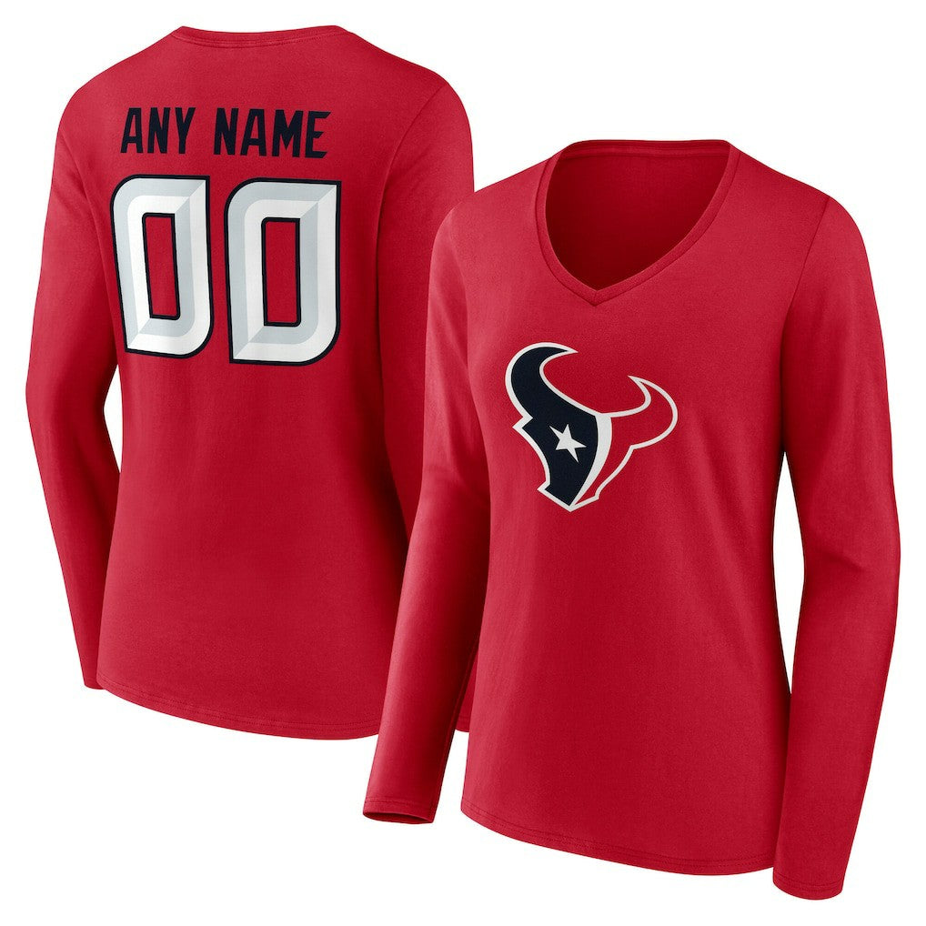 Houston Texans Women's Team Authentic Personalized Name & Number Long Sleeve V-Neck T-Shirt Red | NFL