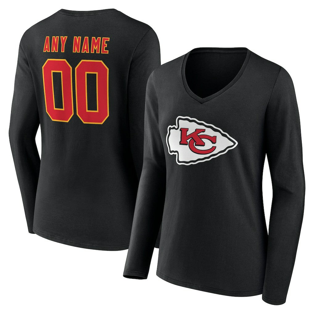 Kansas City Chiefs Women's Team Authentic Personalized Name & Number Long Sleeve V-Neck T-Shirt Black | NFL