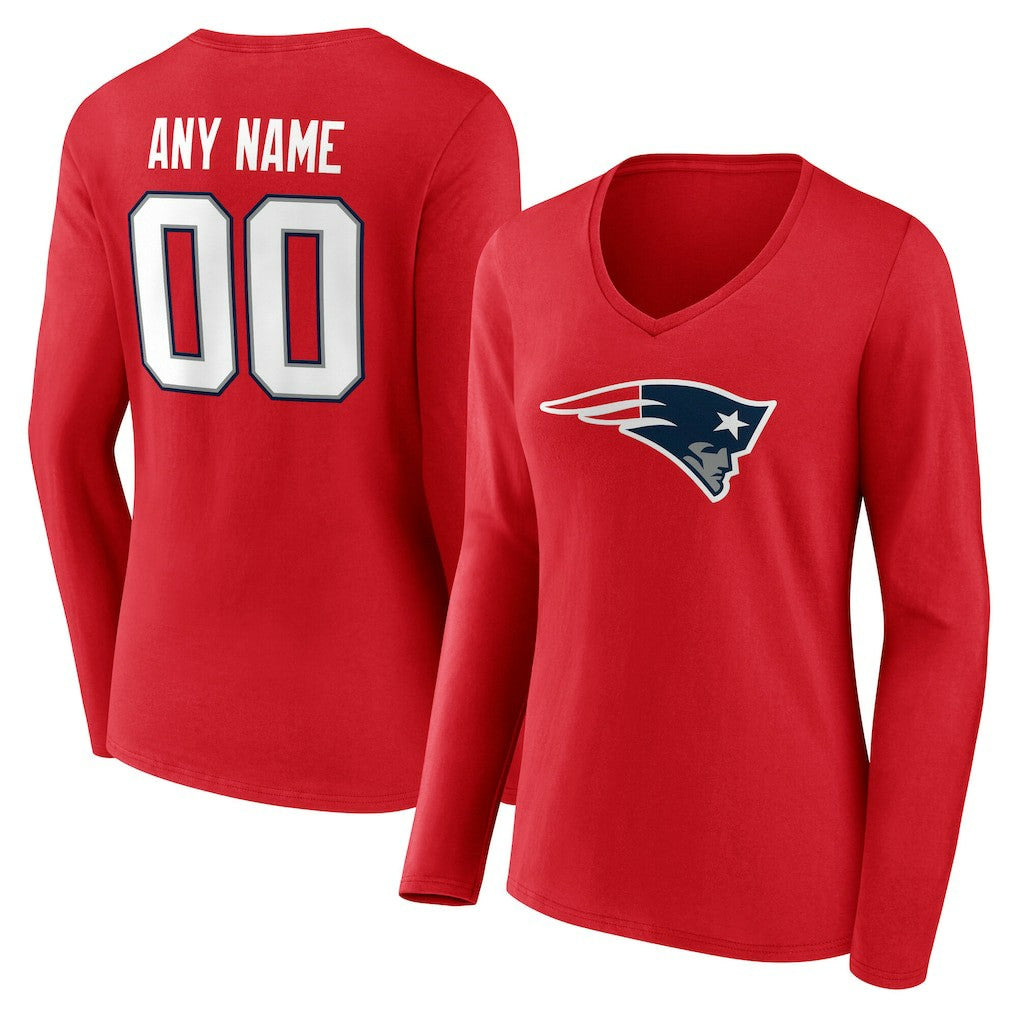 New England Patriots Women's Team Authentic Personalized Name & Number Long Sleeve V-Neck T-Shirt Red | NFL