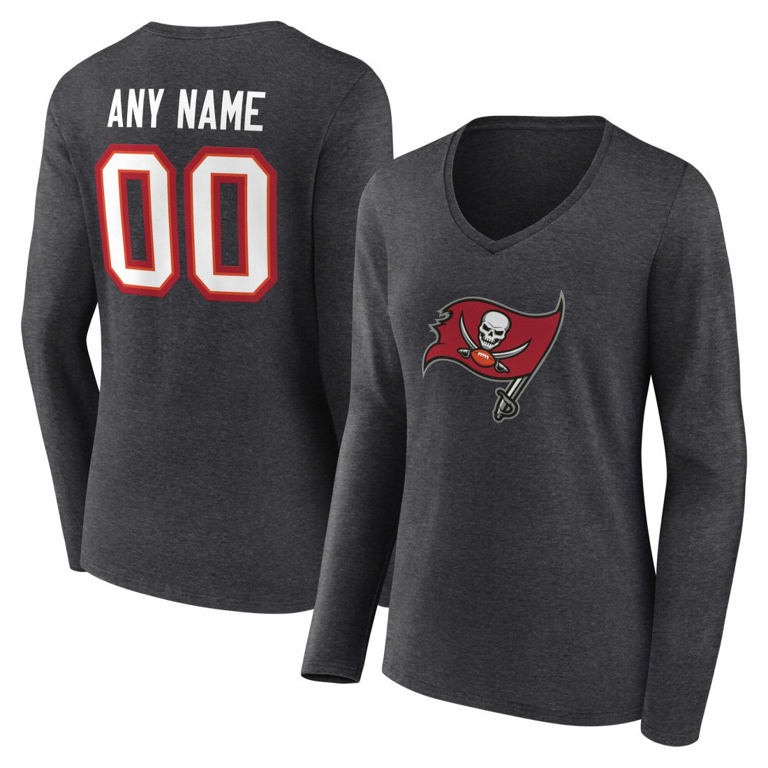 Tampa Bay Buccaneers Women's Team Authentic Personalized Name & Number Long Sleeve V-Neck T-Shirt Charcoal | NFL
