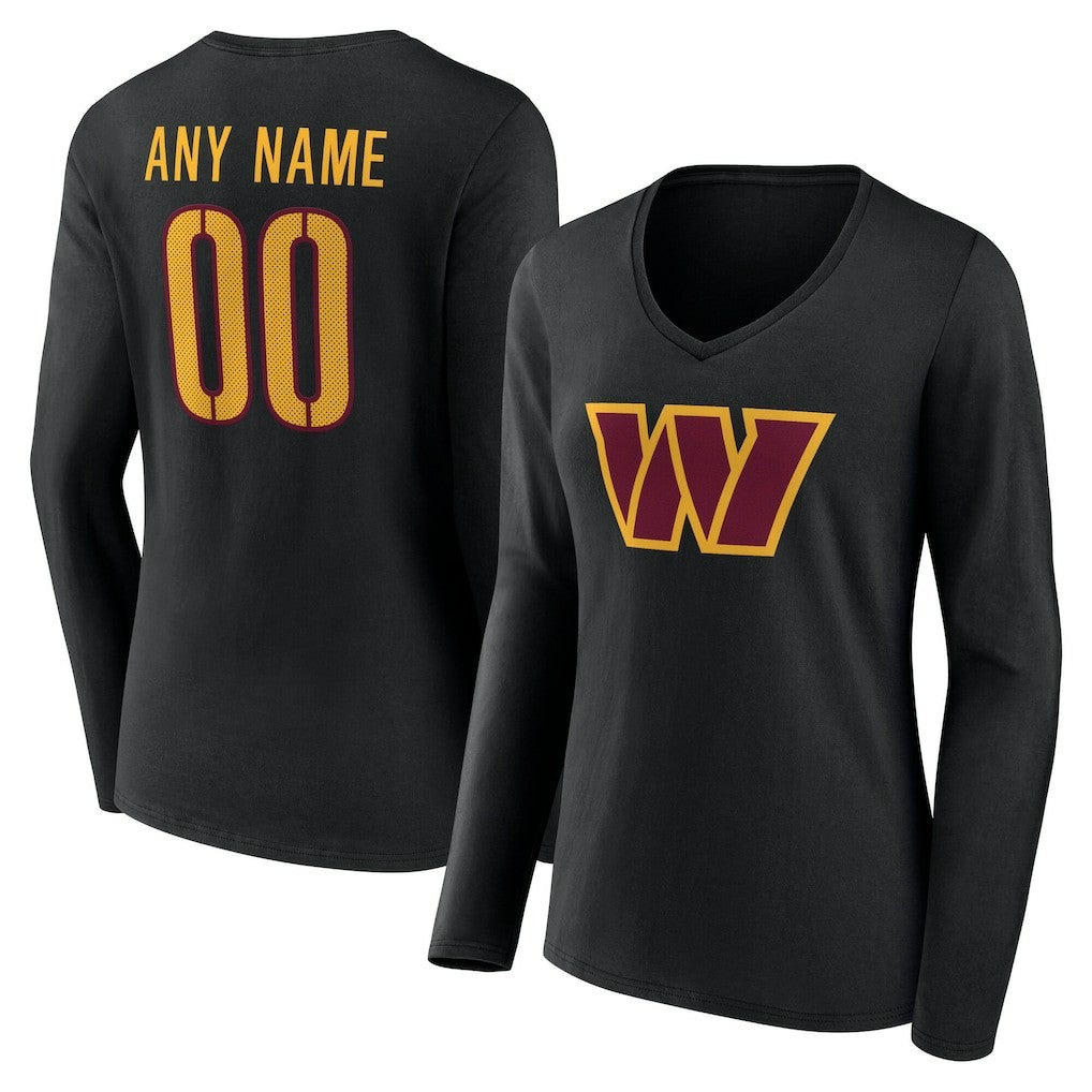 Washington Commanders Women's Team Authentic Personalized Name & Number Long Sleeve V-Neck T-Shirt Black | NFL