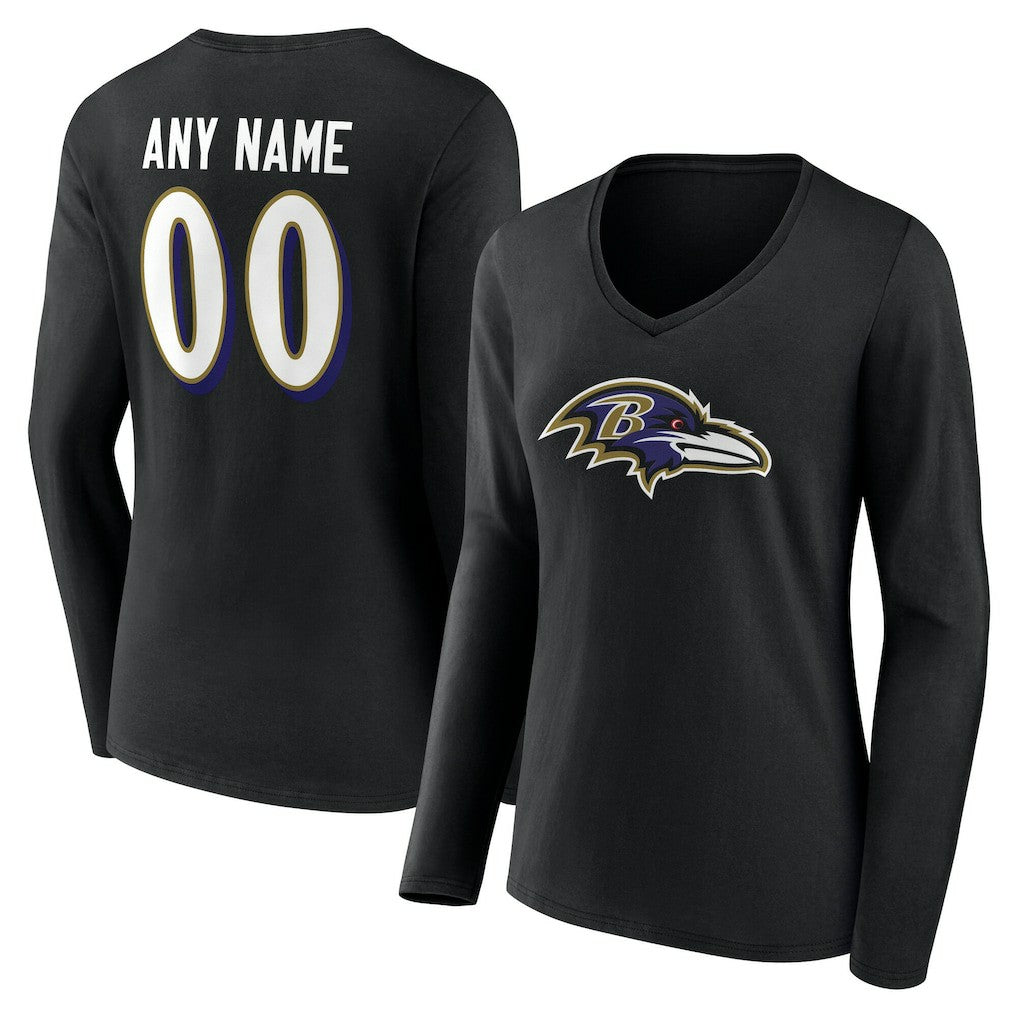 Baltimore Ravens Women's Team Authentic Personalized Name & Number Long Sleeve V-Neck T-Shirt Black | NFL
