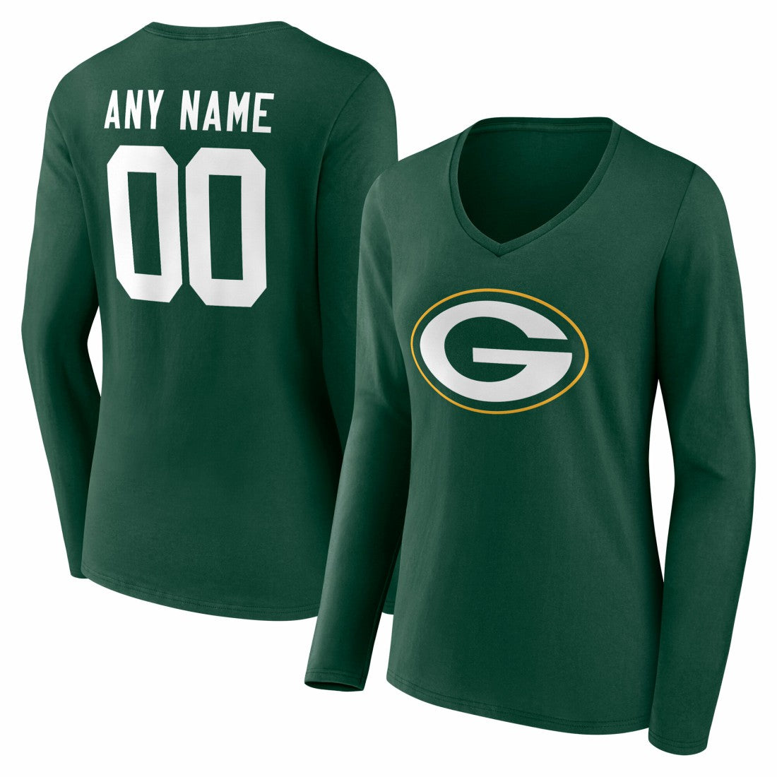 Green Bay Packers Women's Team Authentic Personalized Name & Number Long Sleeve V-Neck T-Shirt Green | NFL