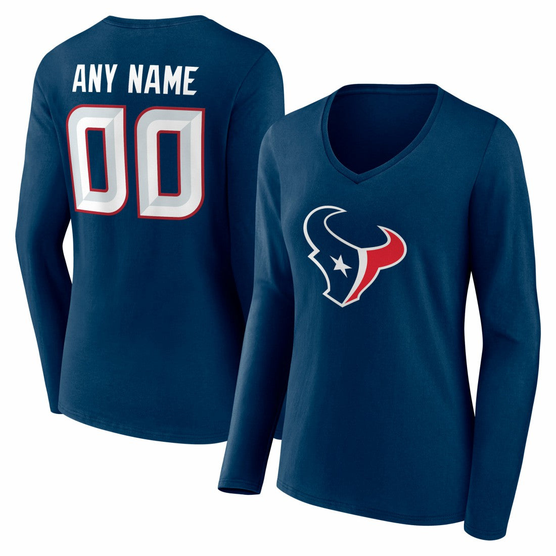 Houston Texans Women's Team Authentic Personalized Name & Number Long Sleeve V-Neck T-Shirt Navy | NFL