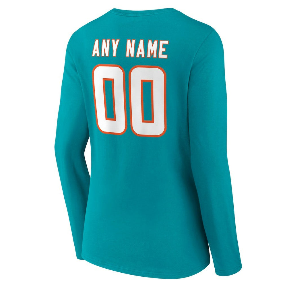 Miami Dolphins Women's Team Authentic Personalized Name & Number Long Sleeve V-Neck T-Shirt Aqua | NFL