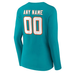 Miami Dolphins Women's Team Authentic Personalized Name & Number Long Sleeve V-Neck T-Shirt Aqua | NFL