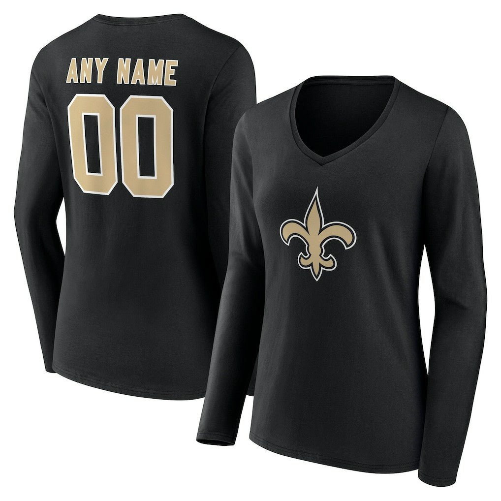 New Orleans Saints Women's Team Authentic Personalized Name & Number Long Sleeve V-Neck T-Shirt Black | NFL