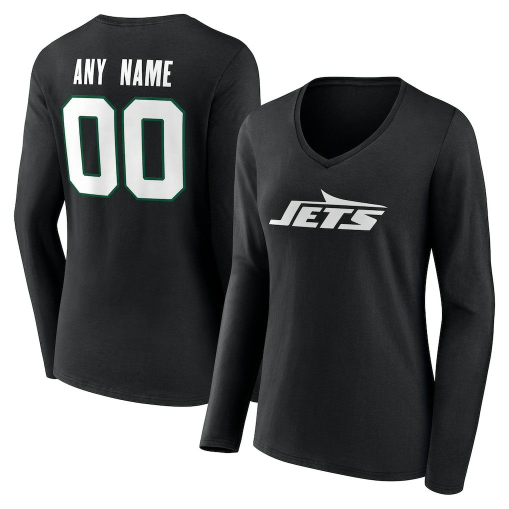 New York Jets Women's Team Authentic Personalized Name & Number Long Sleeve V-Neck T-Shirt Black | NFL