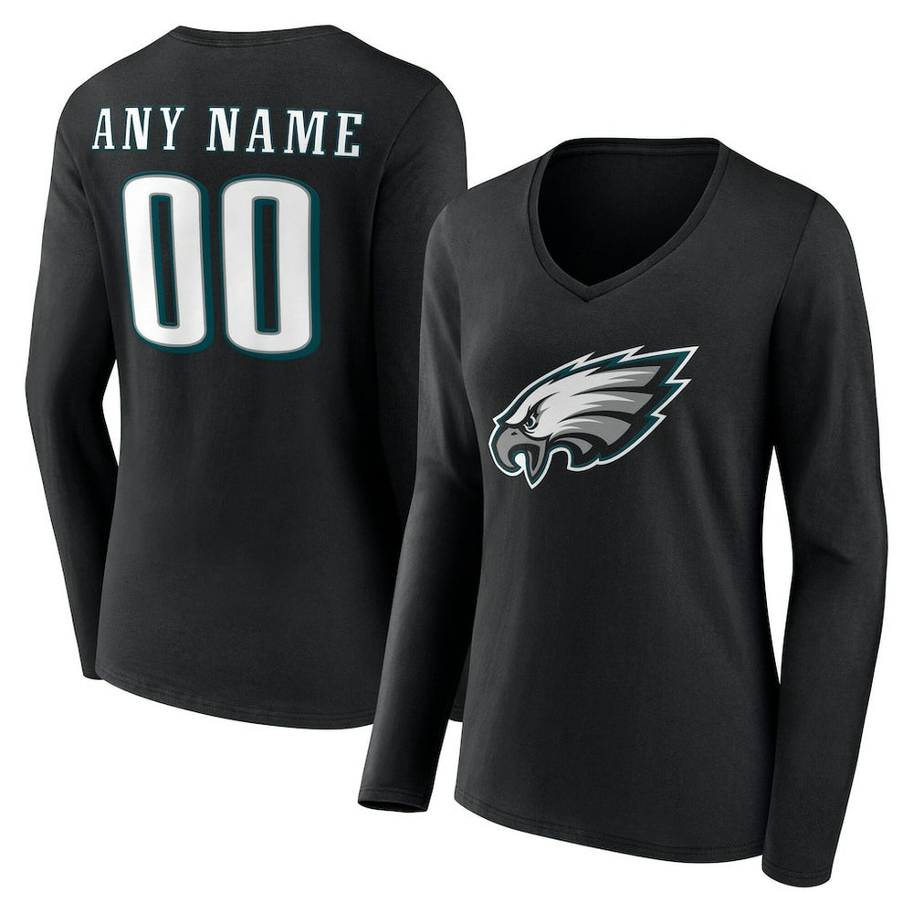 Philadelphia Eagles Women's Team Authentic Personalized Name & Number Long Sleeve V-Neck T-Shirt Black | NFL
