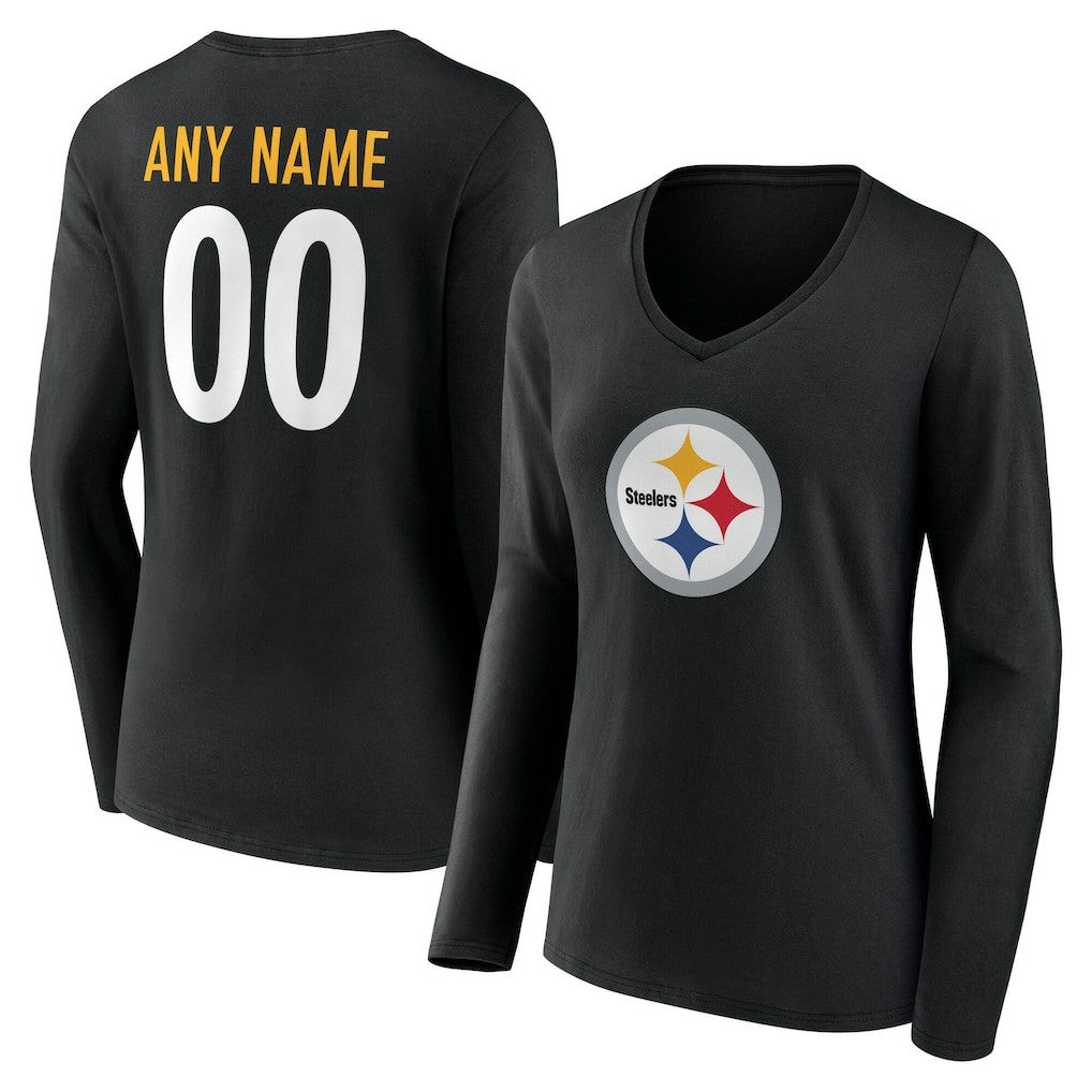 Pittsburgh Steelers Women's Team Authentic Personalized Name & Number Long Sleeve V-Neck T-Shirt Black | NFL