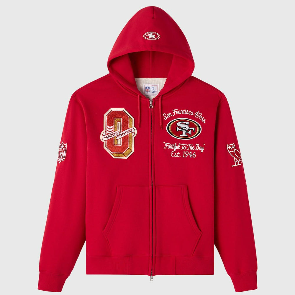 San Francisco 49ers OVO x NFL Unisex Full-Zip Waffle-Lined Hoodie Scarlet | NFL