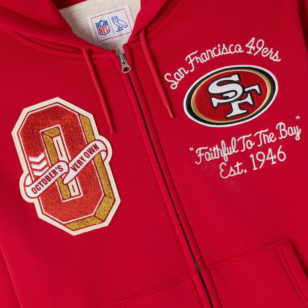 San Francisco 49ers OVO x NFL Unisex Full-Zip Waffle-Lined Hoodie Scarlet | NFL