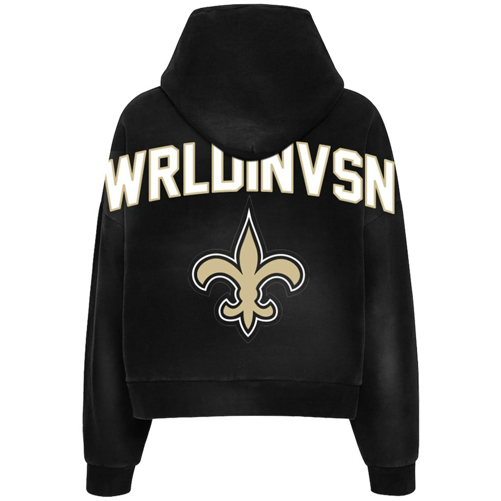 WRLDINVSN x New Orleans Saints Unisex Cozy Cropped Hoodie Black | NFL