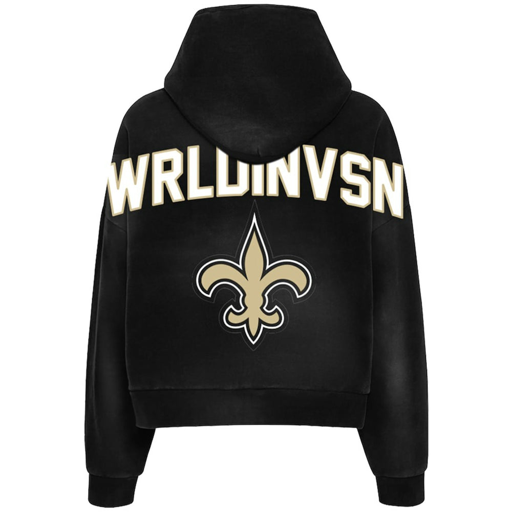WRLDINVSN x New Orleans Saints Unisex Cozy Cropped Hoodie Black | NFL