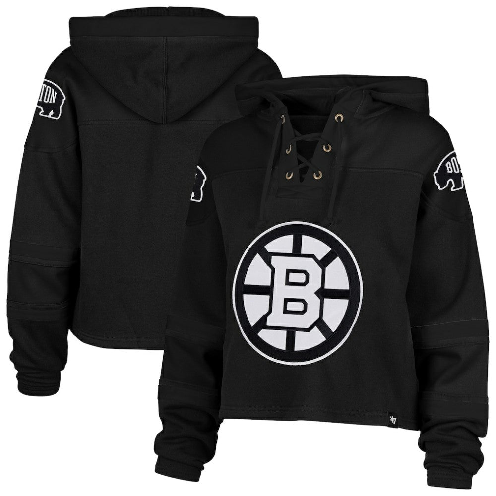 Boston Bruins '47 Women's Cropped Lacer Hoodie - Black - NHL