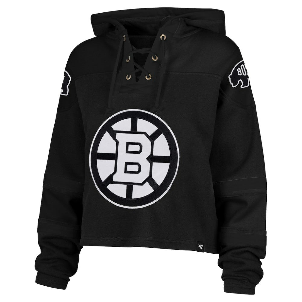 Boston Bruins '47 Women's Cropped Lacer Hoodie - Black - NHL
