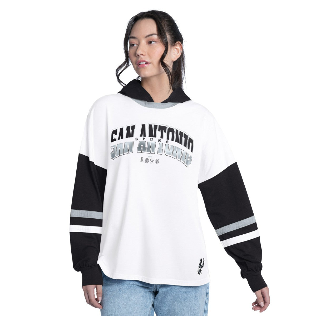 San Antonio Spurs G-III 4Her by Carl Banks Women's Key Player Oversized Hooded Long Sleeve T-Shirt White/Black - NBA