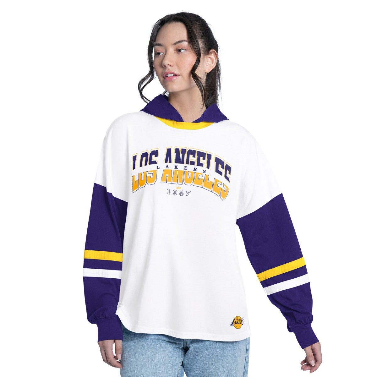 Los Angeles Lakers G-III 4Her by Carl Banks Women's Key Player Oversized Hooded Long Sleeve T-Shirt White/Purple - NBA