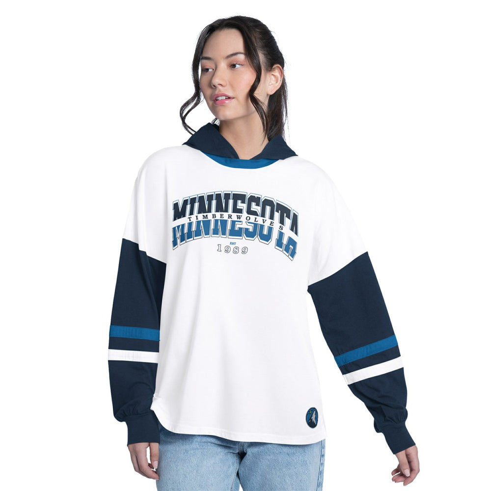 Minnesota Timberwolves G-III 4Her by Carl Banks Women's Key Player Oversized Hooded Long Sleeve T-Shirt White/Navy - NBA