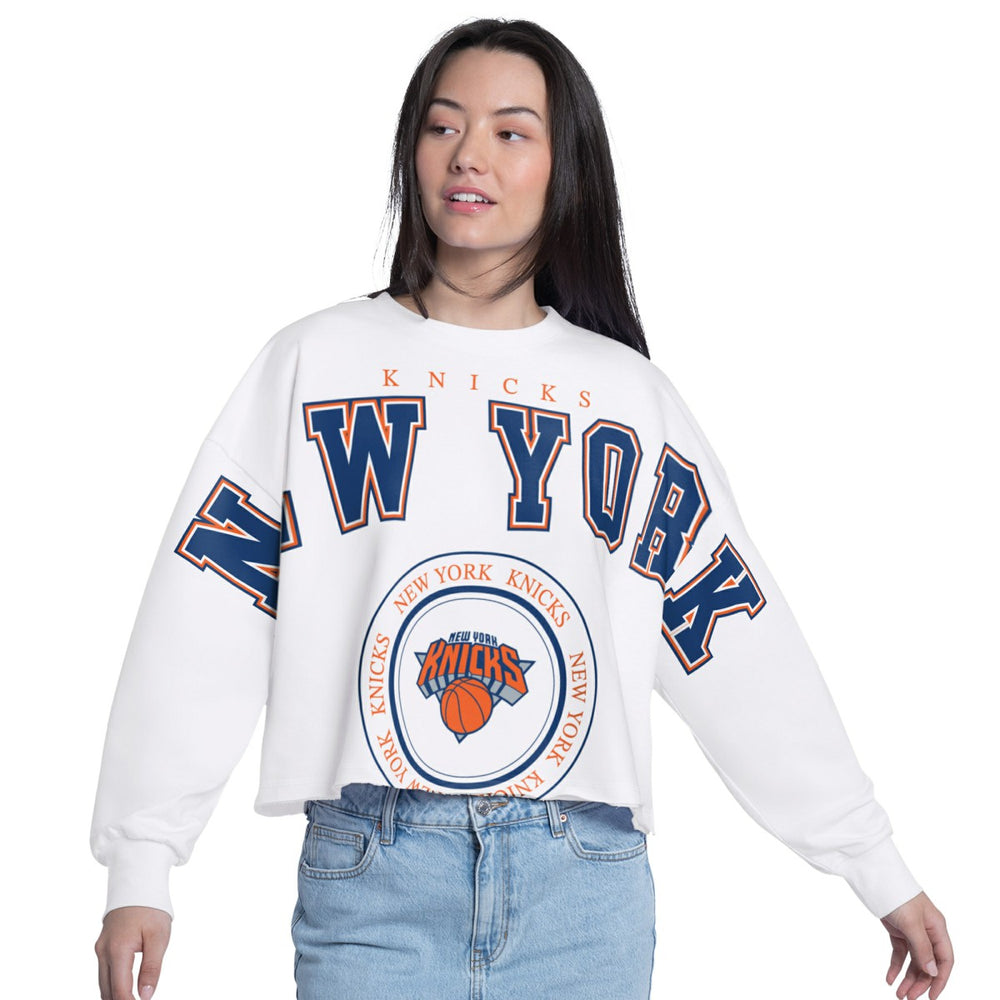 New York Knicks G-III 4Her by Carl Banks Women's Bleachers Cropped French Terry Sweatshirt White - NBA