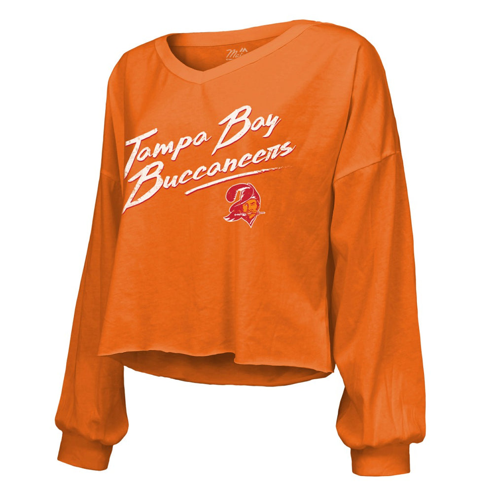 Baker Mayfield Tampa Bay Buccaneers Majestic Threads Women's Off-Shoulder Script Name & Number V-Neck T-Shirt Orange | NFL