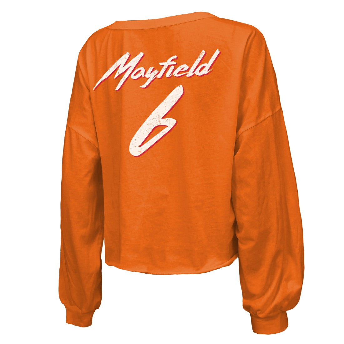 Baker Mayfield Tampa Bay Buccaneers Majestic Threads Women's Off-Shoulder Script Name & Number V-Neck T-Shirt Orange | NFL