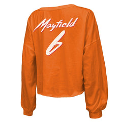 Baker Mayfield Tampa Bay Buccaneers Majestic Threads Women's Off-Shoulder Script Name & Number V-Neck T-Shirt Orange | NFL