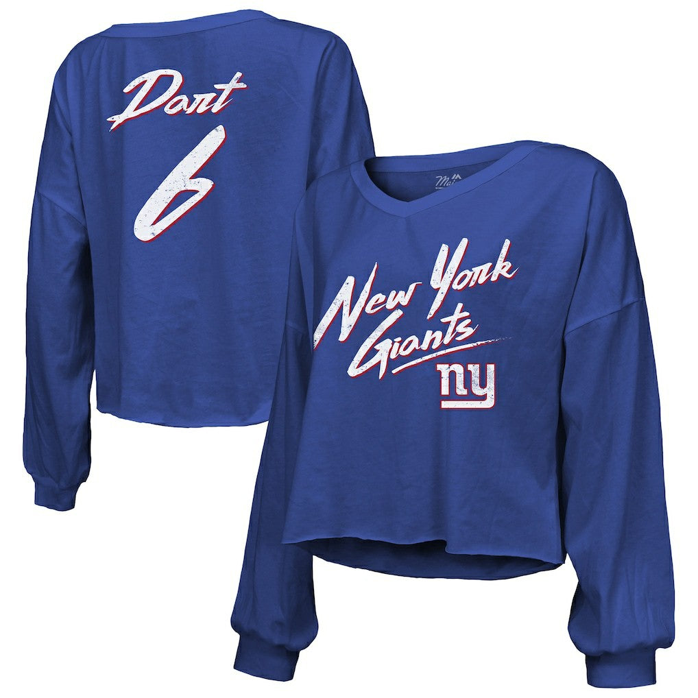 Jaxson Dart New York Giants Majestic Threads Women's Script Name & Number Long Sleeve T-Shirt Royal | NFL
