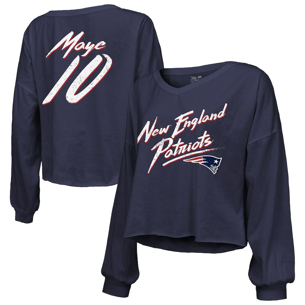 Drake Maye New England Patriots Majestic Threads Women's Off-Shoulder Script Name & Number V-Neck T-Shirt Navy | NFL