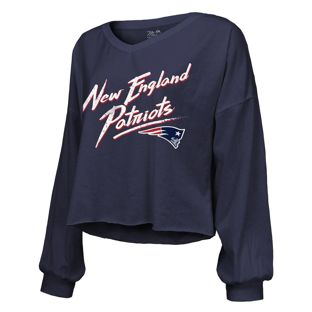 Drake Maye New England Patriots Majestic Threads Women's Off-Shoulder Script Name & Number V-Neck T-Shirt Navy | NFL