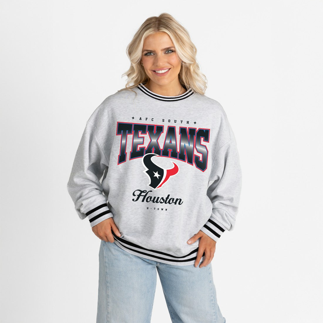 Houston Texans Gameday Couture Women's Oversized Gridiron Drive Ringer Stripe Sweatshirt Ash/Black | NFL