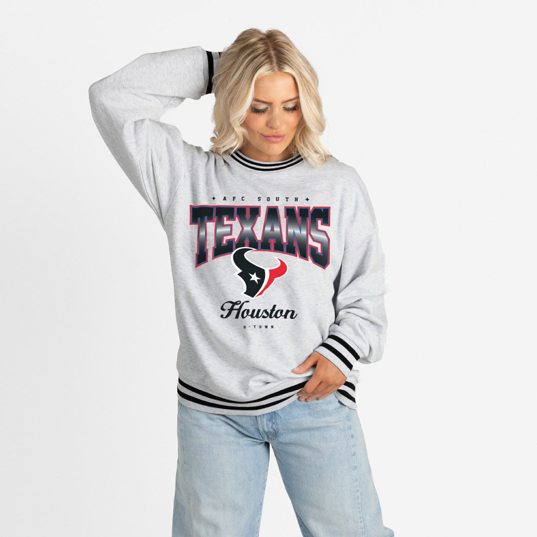 Houston Texans Gameday Couture Women's Oversized Gridiron Drive Ringer Stripe Sweatshirt Ash/Black | NFL