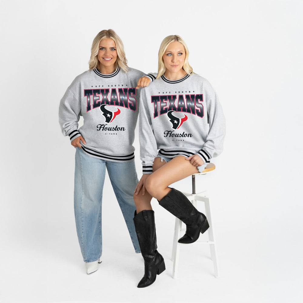 Houston Texans Gameday Couture Women's Oversized Gridiron Drive Ringer Stripe Sweatshirt Ash/Black | NFL