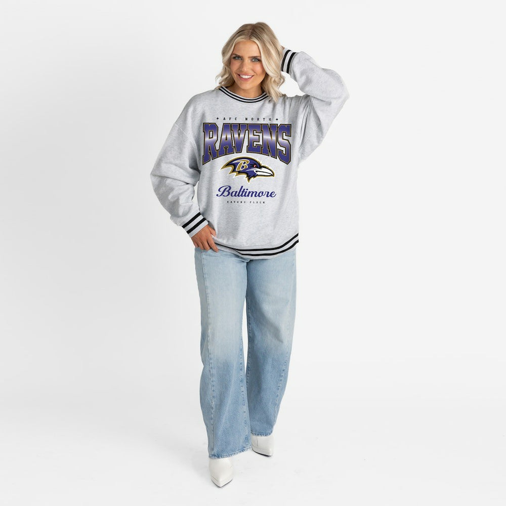 Baltimore Ravens Gameday Couture Women's Oversized Gridiron Drive Ringer Stripe Sweatshirt Ash/Black | NFL