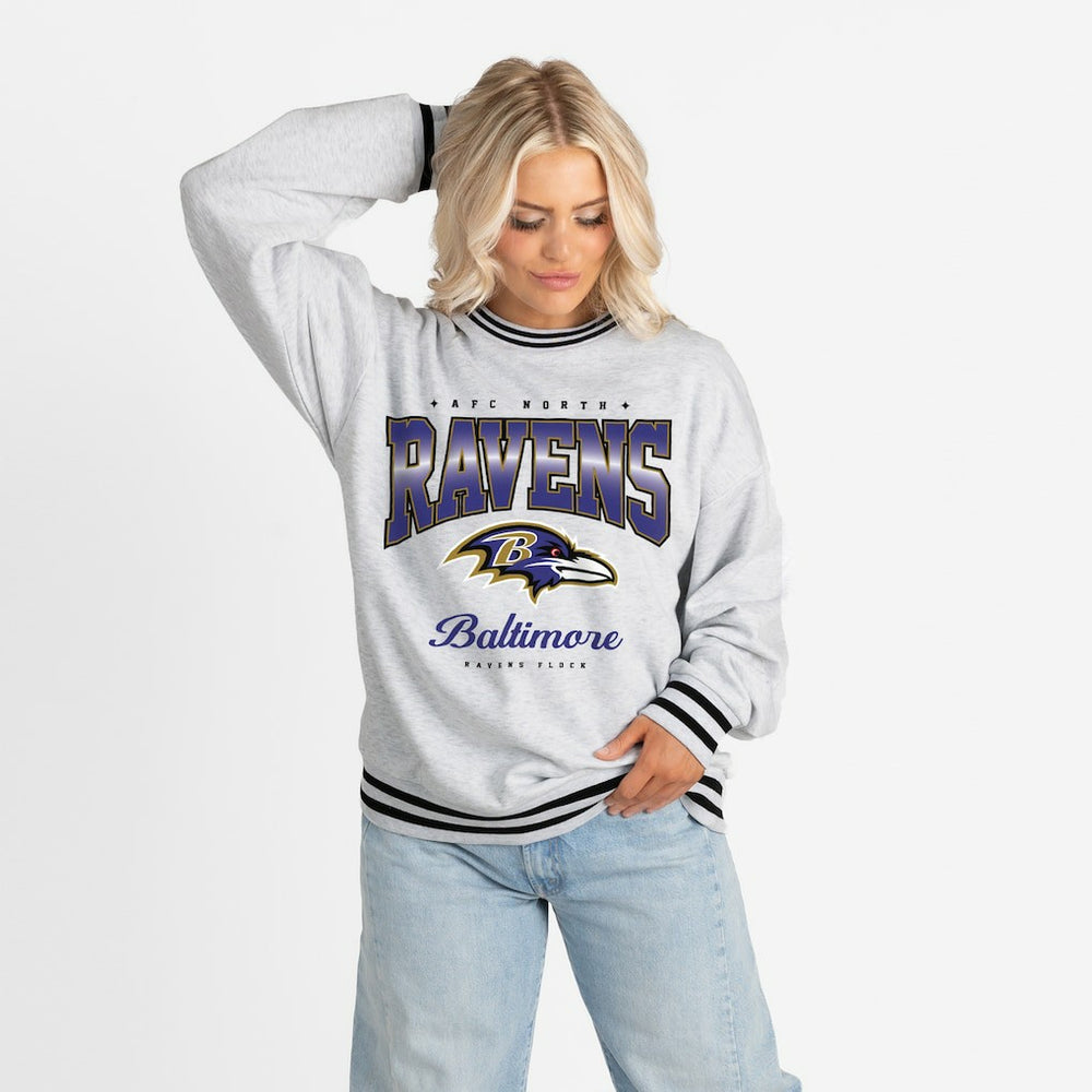 Baltimore Ravens Gameday Couture Women's Oversized Gridiron Drive Ringer Stripe Sweatshirt Ash/Black | NFL