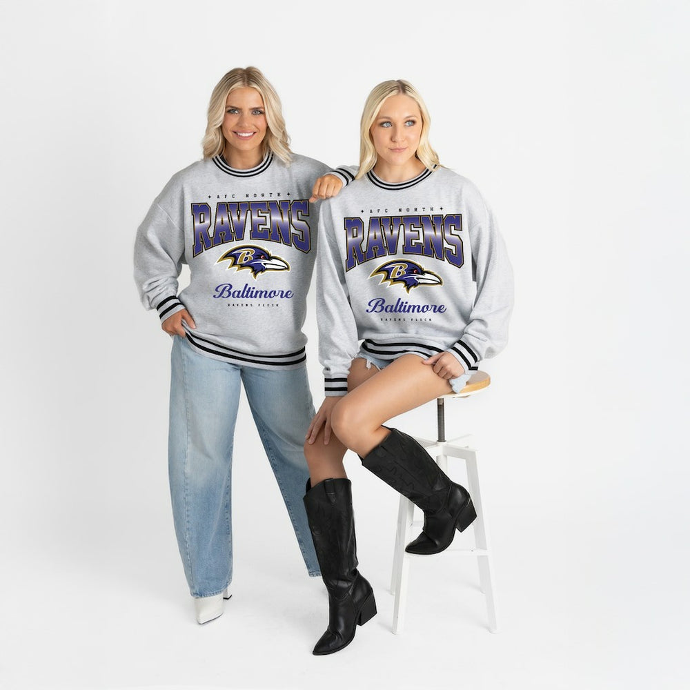 Baltimore Ravens Gameday Couture Women's Oversized Gridiron Drive Ringer Stripe Sweatshirt Ash/Black | NFL