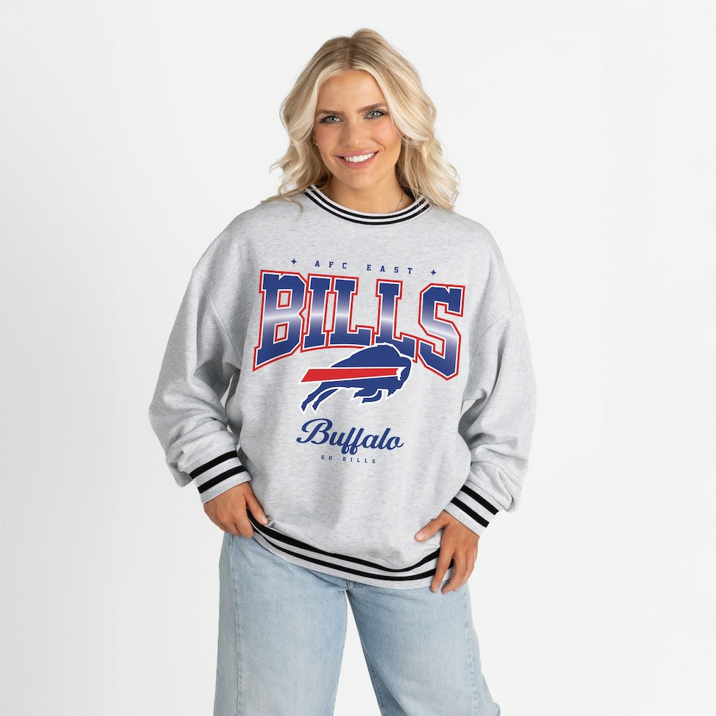 Buffalo Bills Gameday Couture Women's Oversized Gridiron Drive Ringer Stripe Sweatshirt Ash/Black | NFL