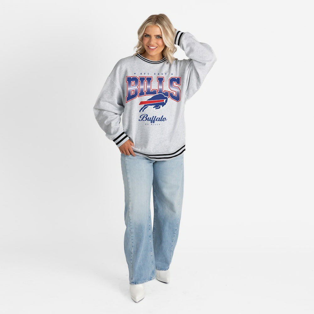 Buffalo Bills Gameday Couture Women's Oversized Gridiron Drive Ringer Stripe Sweatshirt Ash/Black | NFL