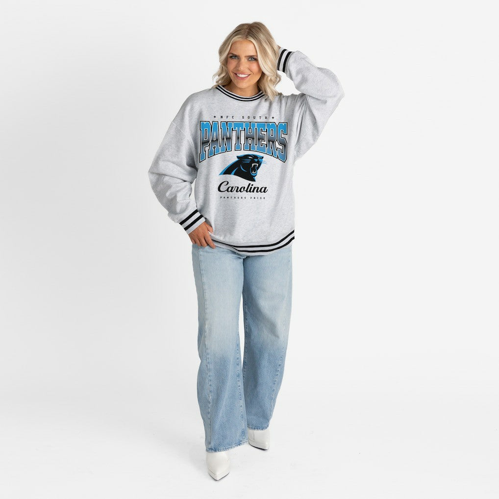 Carolina Panthers Gameday Couture Women's Oversized Gridiron Drive Ringer Stripe Sweatshirt Ash/Black | NFL