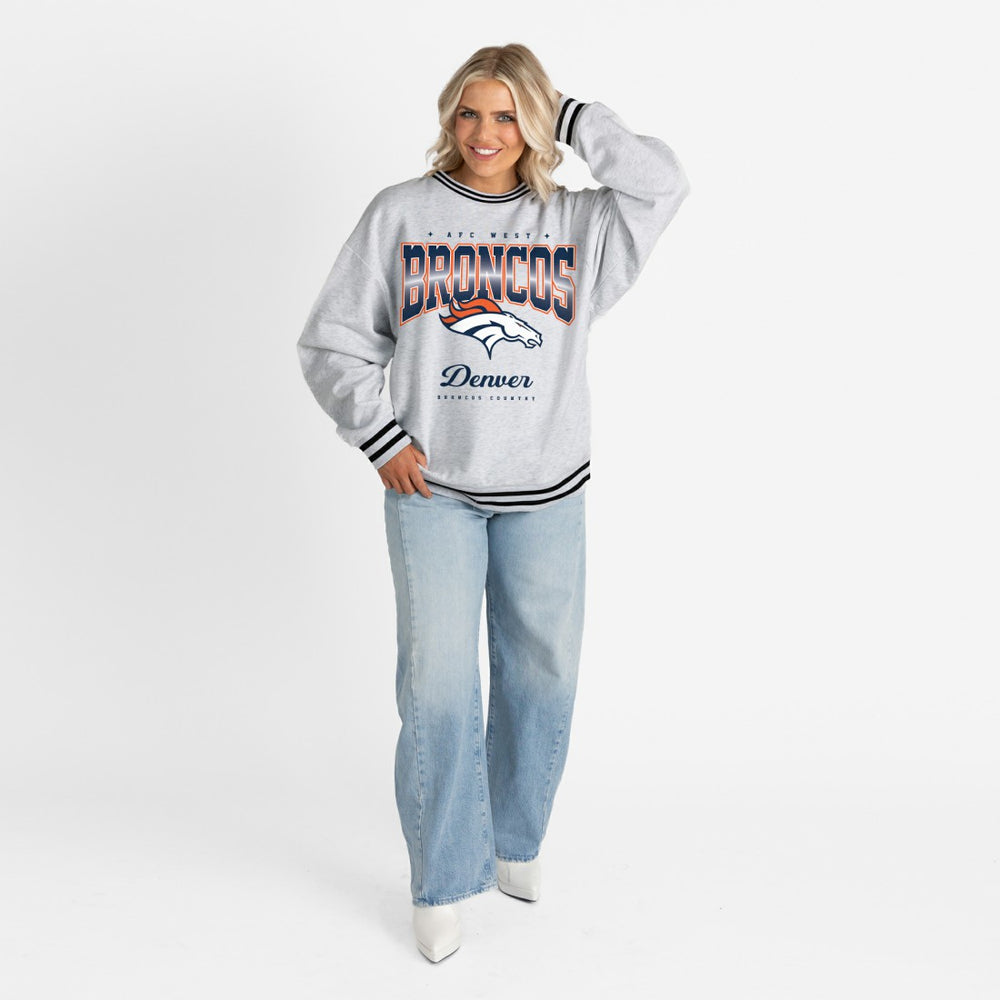 Denver Broncos Gameday Couture Women's Oversized Gridiron Drive Ringer Stripe Sweatshirt Ash/Black | NFL