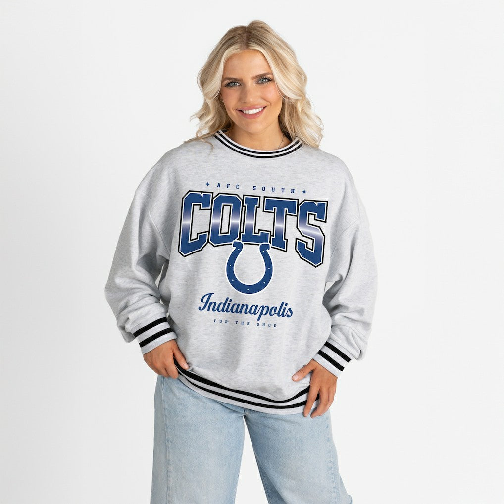 Indianapolis Colts Gameday Couture Women's Oversized Gridiron Drive Ringer Stripe Sweatshirt Ash/Black | NFL