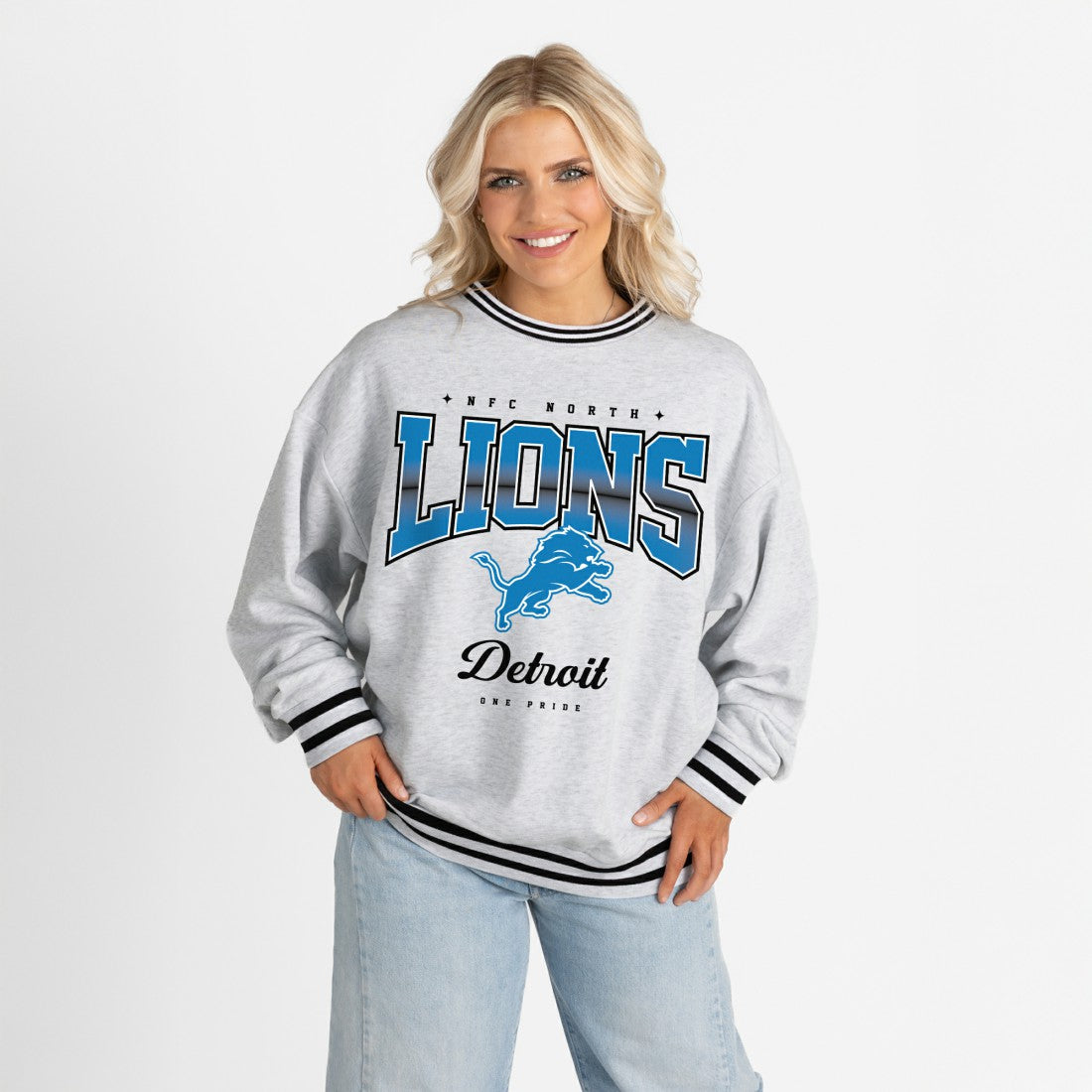 Detroit Lions Gameday Couture Women's Oversized Gridiron Drive Ringer Stripe Sweatshirt Ash/Black | NFL