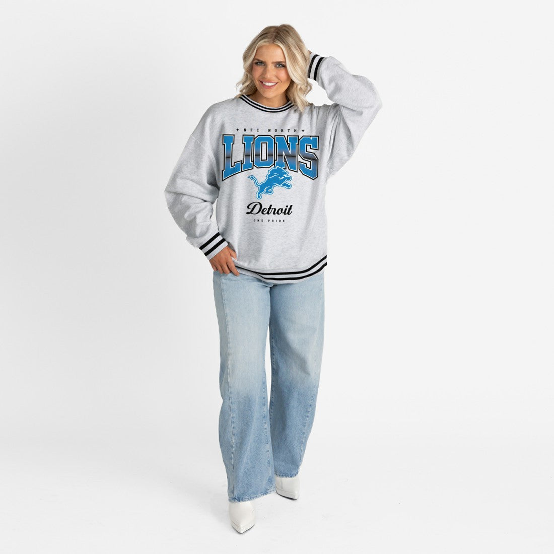 Detroit Lions Gameday Couture Women's Oversized Gridiron Drive Ringer Stripe Sweatshirt Ash/Black | NFL