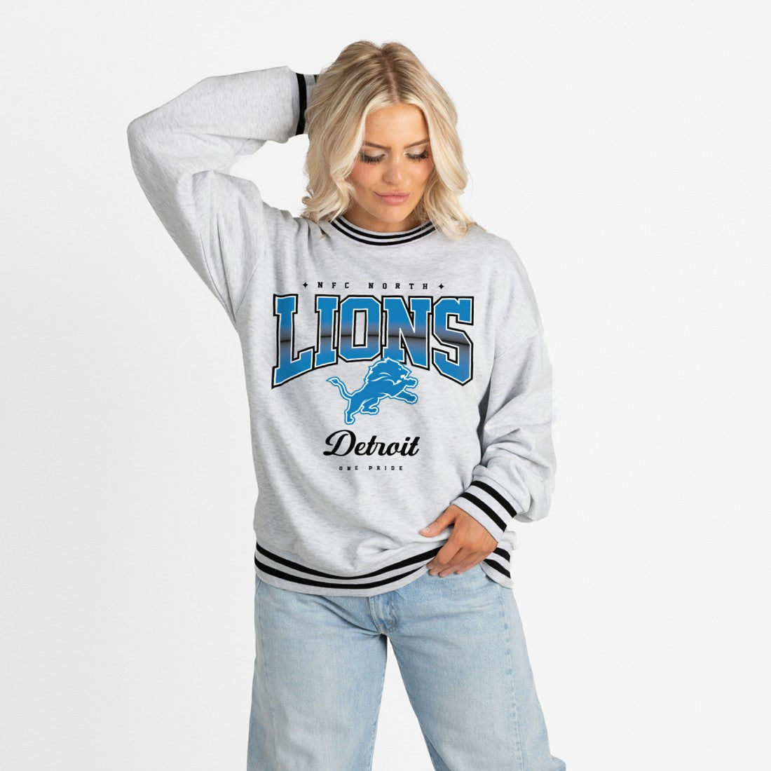Detroit Lions Gameday Couture Women's Oversized Gridiron Drive Ringer Stripe Sweatshirt Ash/Black | NFL