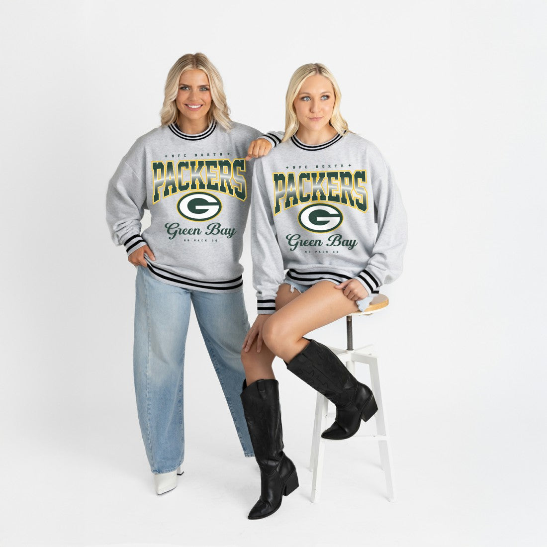 Green Bay Packers Gameday Couture Women's Oversized Gridiron Drive Ringer Stripe Sweatshirt Ash/Black | NFL