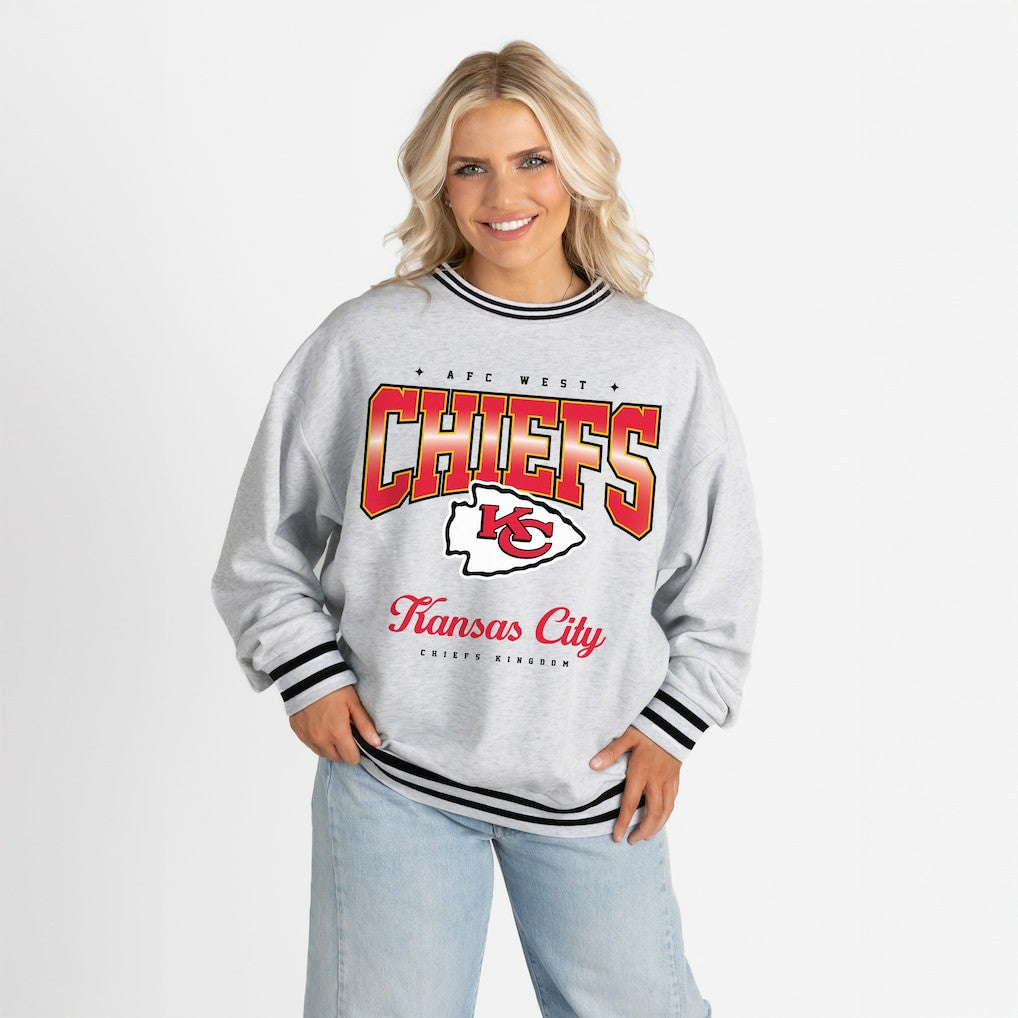 Kansas City Chiefs Gameday Couture Women's Oversized Gridiron Drive Ringer Stripe Sweatshirt Ash/Black | NFL