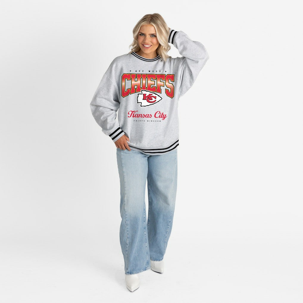 Kansas City Chiefs Gameday Couture Women's Oversized Gridiron Drive Ringer Stripe Sweatshirt Ash/Black | NFL