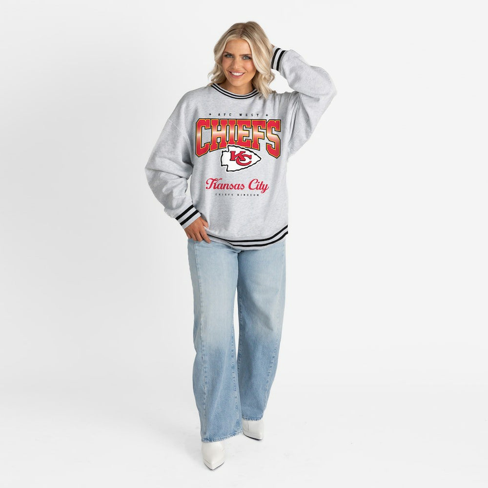 Kansas City Chiefs Gameday Couture Women's Oversized Gridiron Drive Ringer Stripe Sweatshirt Ash/Black | NFL