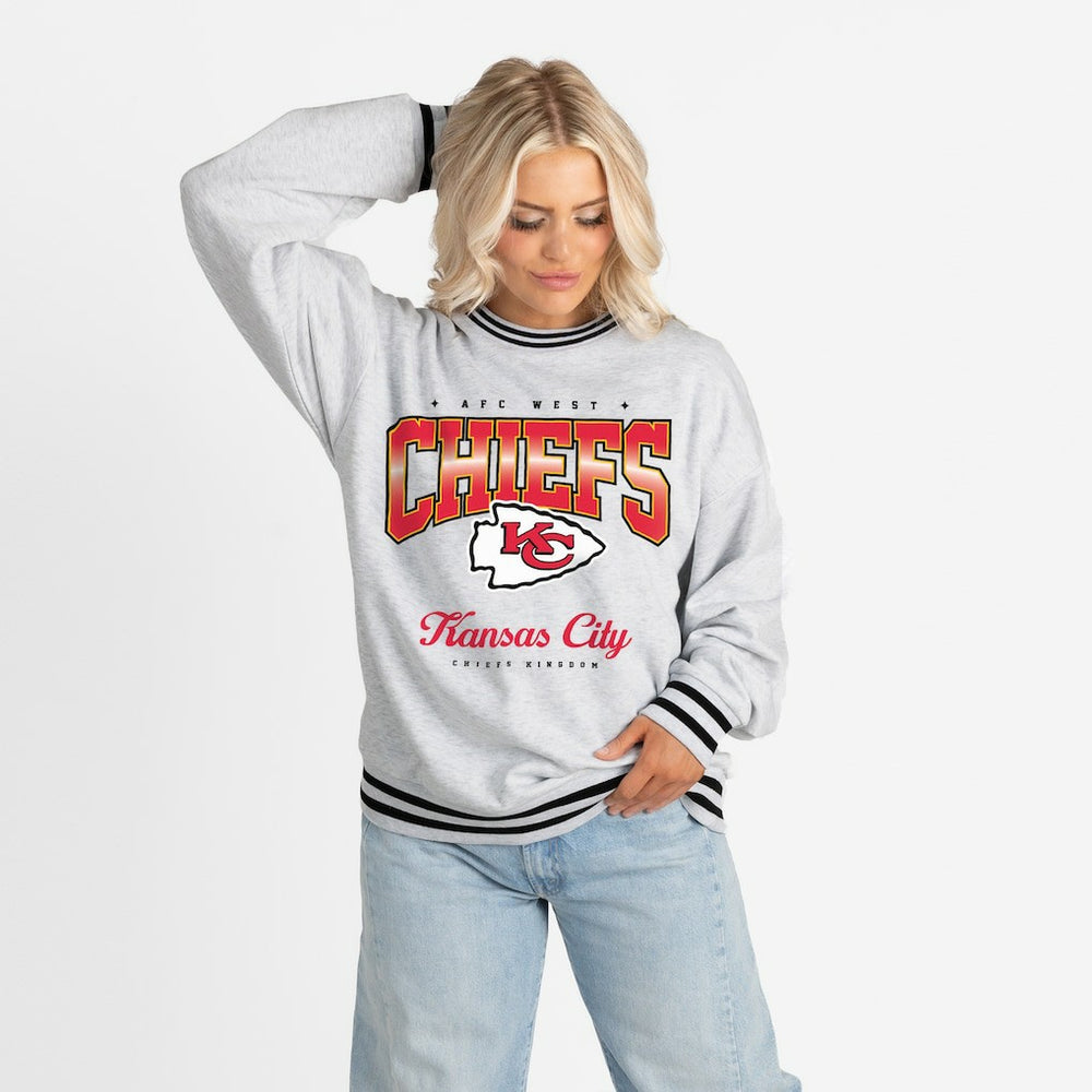 Kansas City Chiefs Gameday Couture Women's Oversized Gridiron Drive Ringer Stripe Sweatshirt Ash/Black | NFL